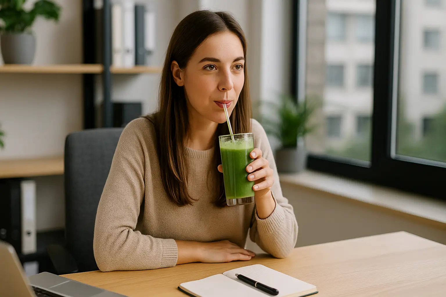 Stoffwechsel anregen – Frau im Büro mit grünem Smoothie Stoffwechsel anregen - Frau im Büro mit grünem Smoothie